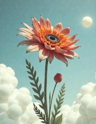 The primary subject of the image is a large, colorful flower with a yellow center, surrounded by a variety of white balls. The flower is positioned in the center of the scene, with the white balls surrounding it. The setting appears to be a white background, which adds to the overall visual style of the image. The colors and mood of the image are vibrant and lively, with the bright yellow center of the flower standing out against the white balls.